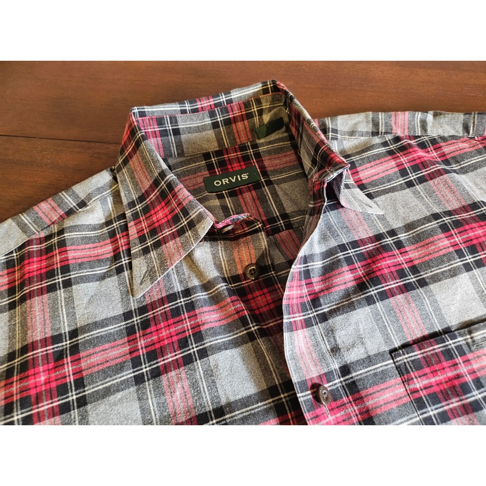 Orvis Button Down Shirt Mens Large Red Grey Plaid Signature Twill Cotton